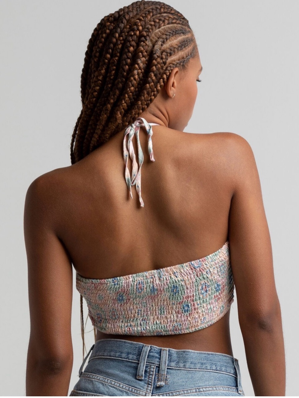 West of Melrose Floral Halter Crop Top in Pastel Peach - Picture 2 of 7